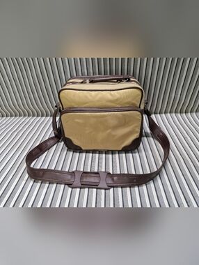 Vintage Camera Bag Canvas & Brown Leather Crossbody Multi Pocket